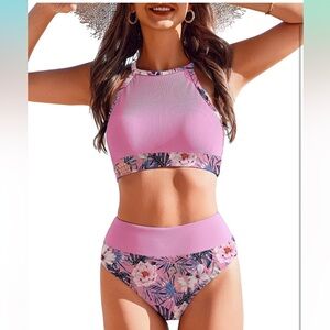 AI'MAGE High Neck Ribbed Two Pieces Bikini Swimsuit Pink Print Women’s Medium